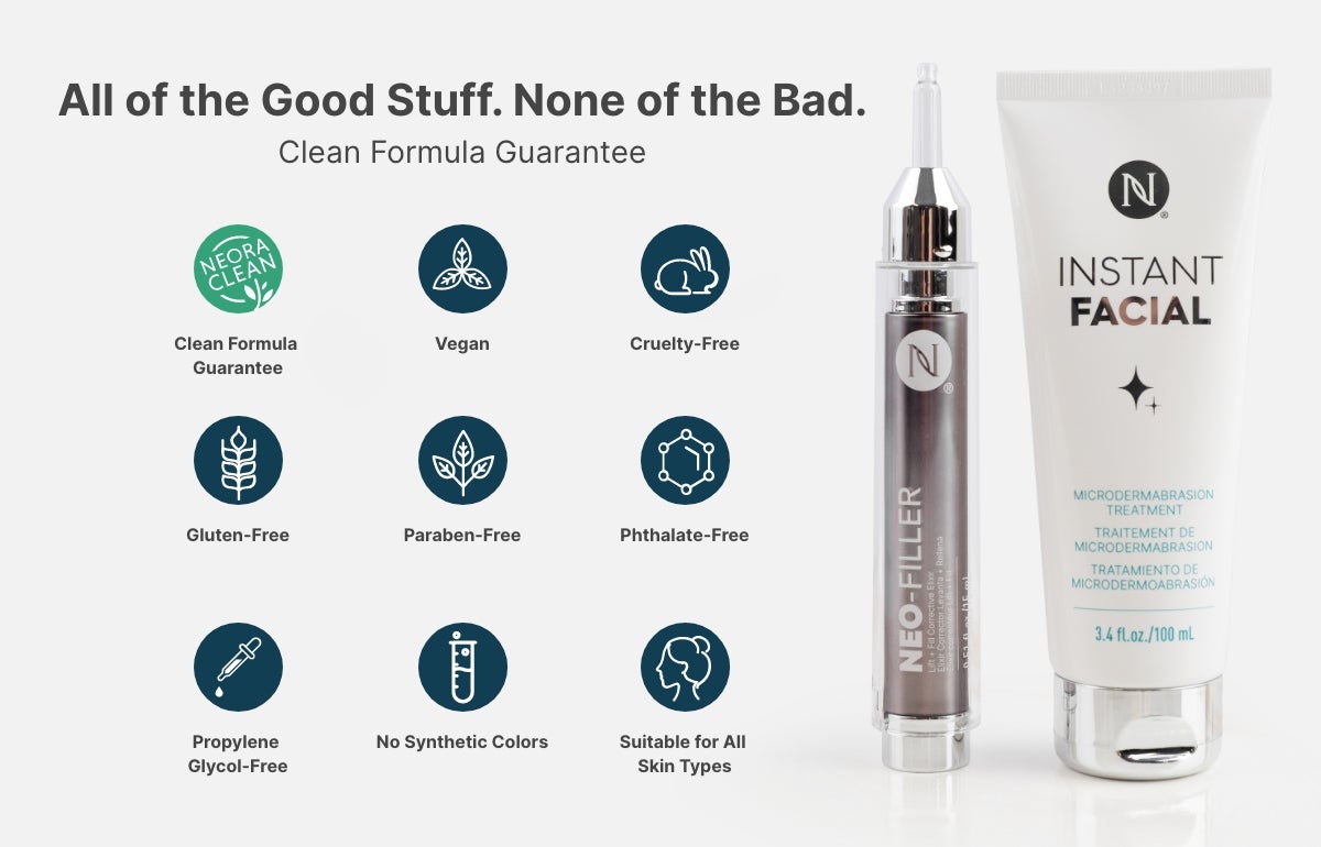 A Neo-FILLER and Instant Facial tube. Text highlights benefits: clean formula, vegan, no synthetic colors, free of cruelty, gluten, paragon, phthalate, and propylene glycol.