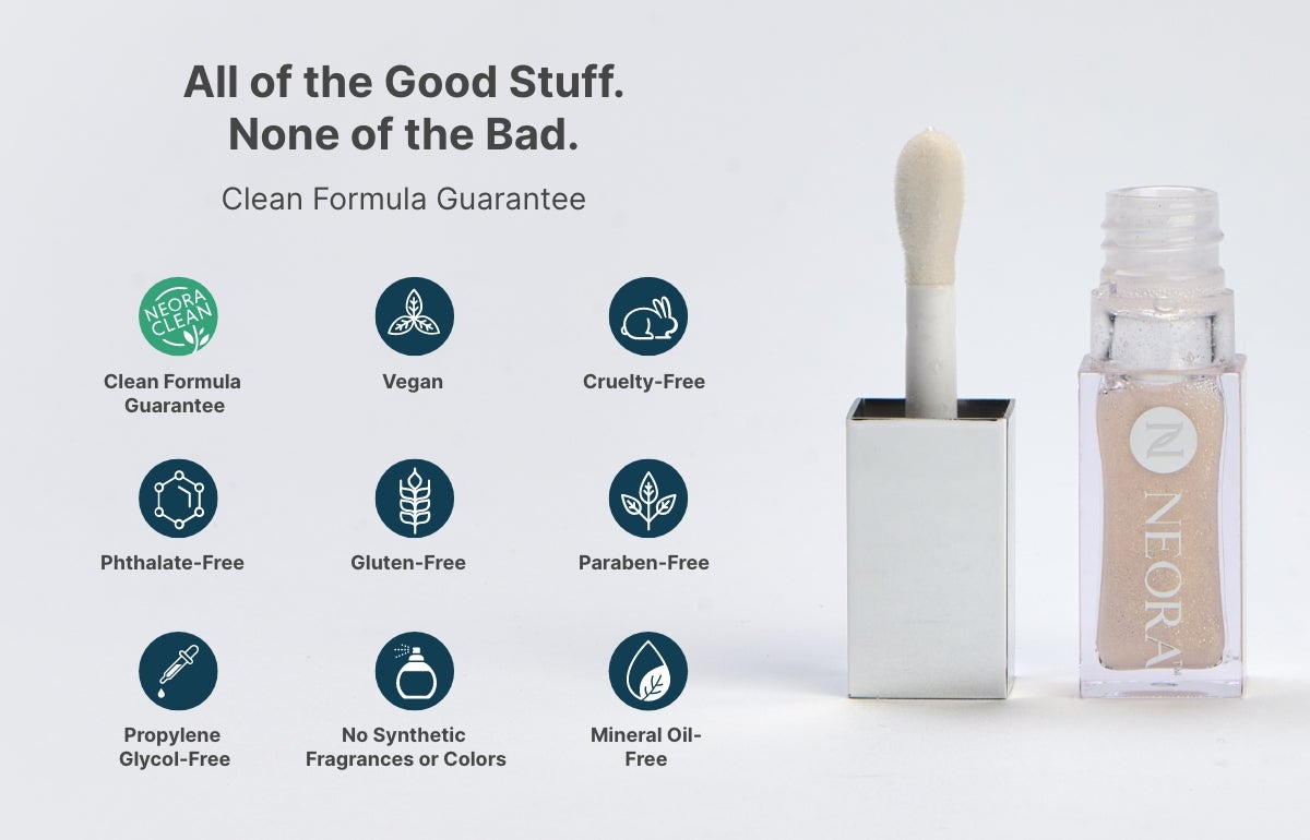 An open container of Neora’s Shimmer Lip Oil with text about Neora’s “Clean Formula Guarantee.” Underneath are icons that state: vegan, cruelty-free, gluten-free, paraben-free, phthalate-free, propylene glycol-free, and no synthetic fragrances or colors.