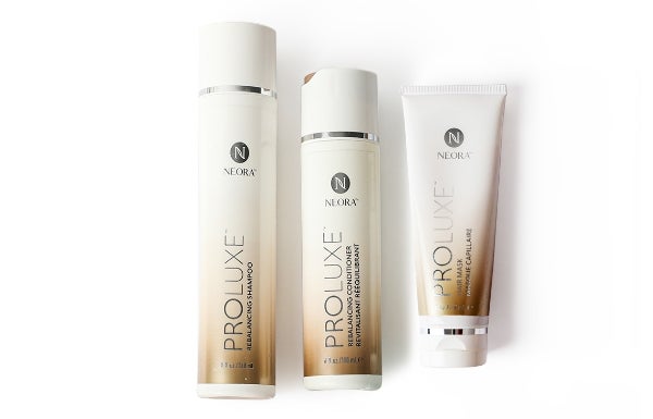 Neora’s ProLuxe Hair Care System featuring ProLuxe Rebalancing Shampoo and Conditioner and ProLuxe Hair Mask