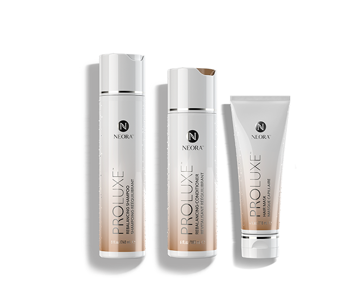Neora’s ProLuxe Hair Care System featuring ProLuxe Rebalancing Shampoo and Conditioner and ProLuxe Hair Mask