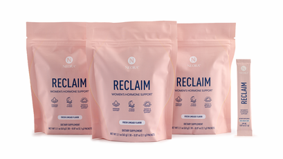 Three bags of Neora RECLAIM bags and a product sachet.
