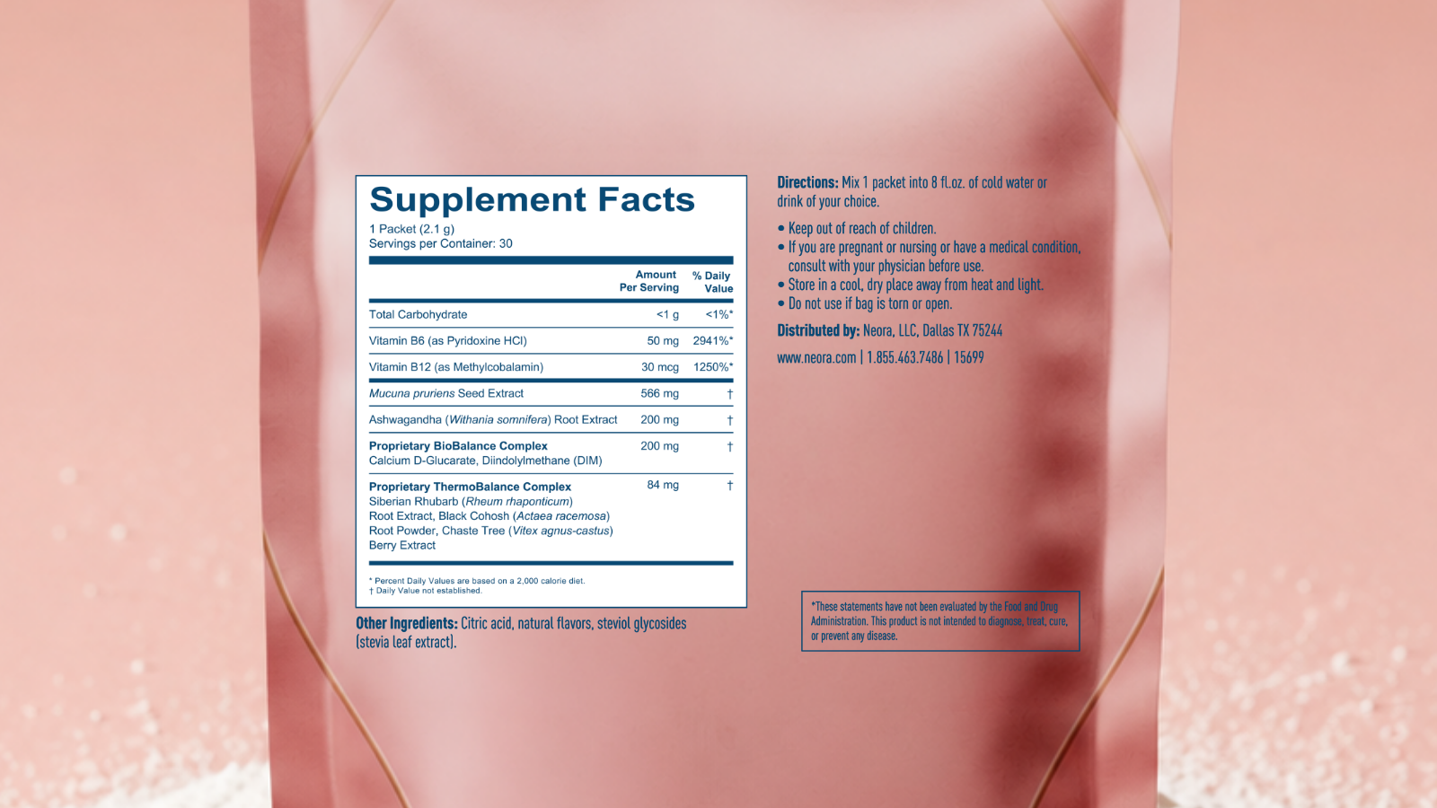 The backside of a Neora RECLAIM bag showing the Supplement Facts and directions.