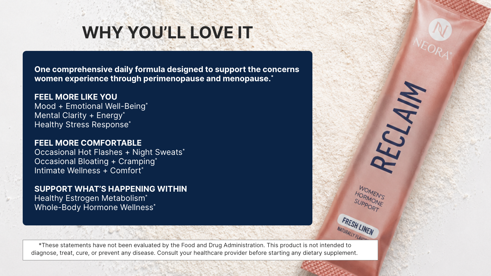 An infographic showing reasons why you’ll love Neora’s RECLAIM. Featured is a product sachet.