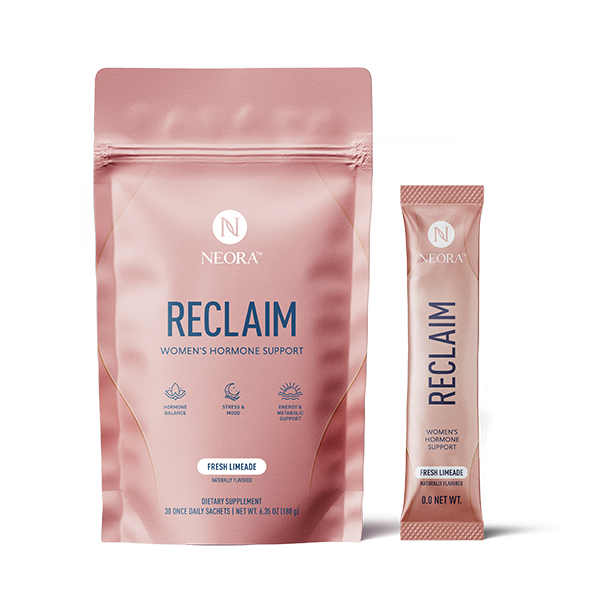 A bag of Neora’s RECLAIM and pairing product sachet.