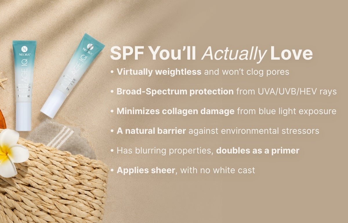 An infographic of reasons why you'll love the Neora's Invisi-bloc SPF40. Featured is a beach bag with two of the product tubes falling out of it.