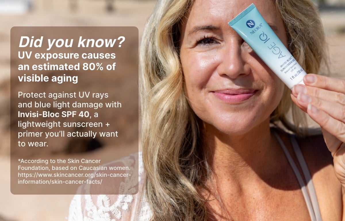 An infographic stating that an UV exposure causes an estimated 80% of visible aging. Invisi-bloc works to protect against UV Rays and blue light. Featured is a woman holding a product tube to her face.