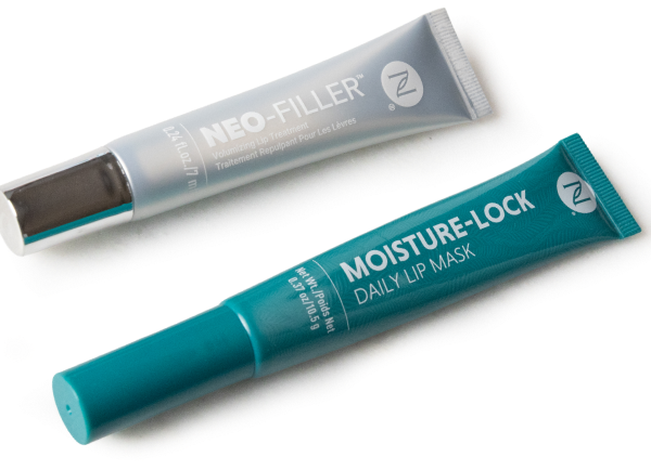 A product shot of the Neo-FILLER Volumizing Lip Treatment tube and Moisture-Lock Lip Mask tube.
