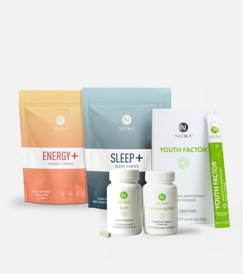 A group shot of Neora products featured in the NeoraFit Essentials Pack.