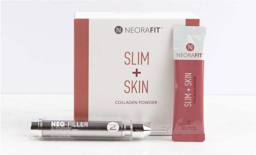 A duo of Neora products, which include Neo-FILLER and a box of NeoraFit Slim + Skin.