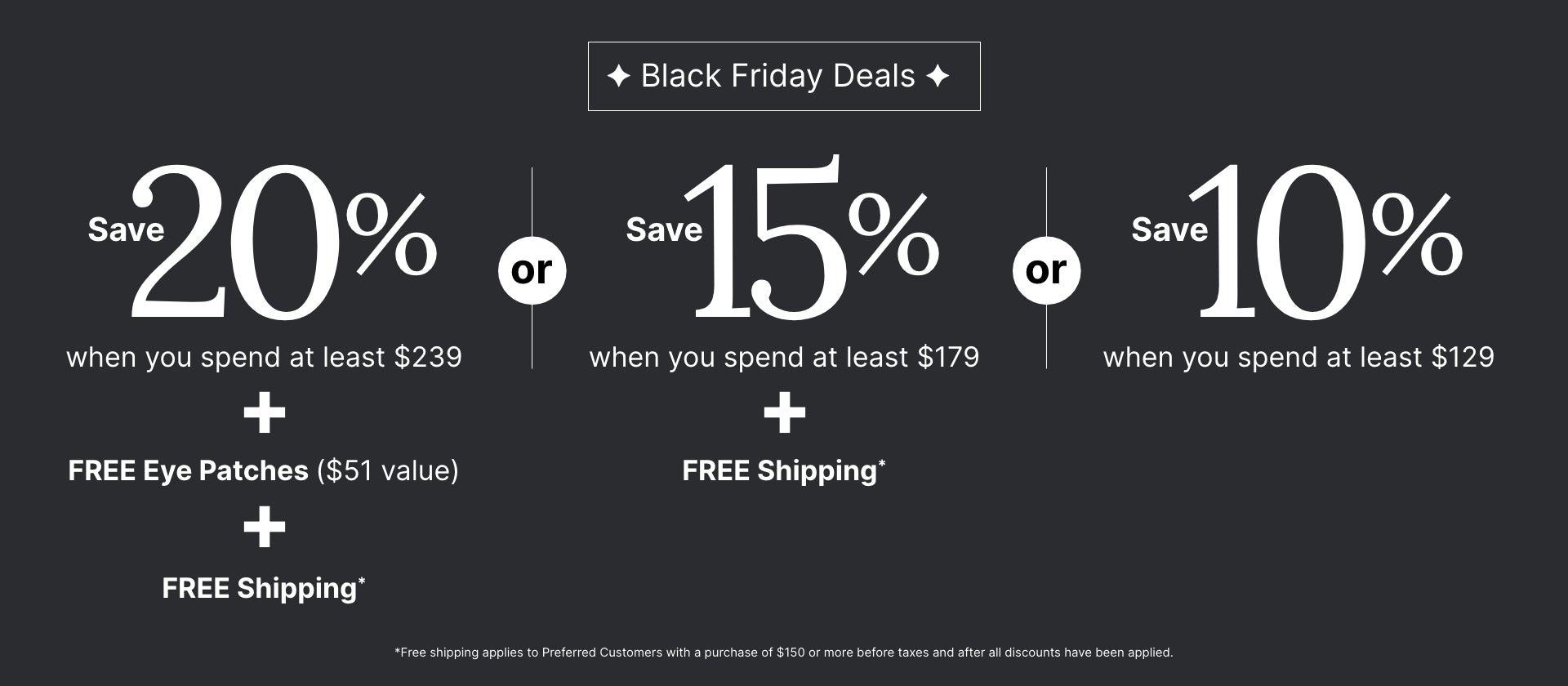 Neora’s Black Friday Deals featuring tiered discounts: Save 20% on orders over $239 with free shipping and bonus eye patches ($51 value), 15% off $179+, and 10% off $129+.