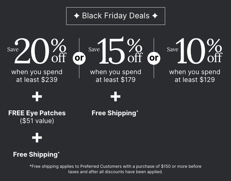 Neora’s Black Friday Deals featuring tiered discounts: Save 20% on orders over $239 with free shipping and bonus eye patches ($51 value), 15% off $179+, and 10% off $129+.