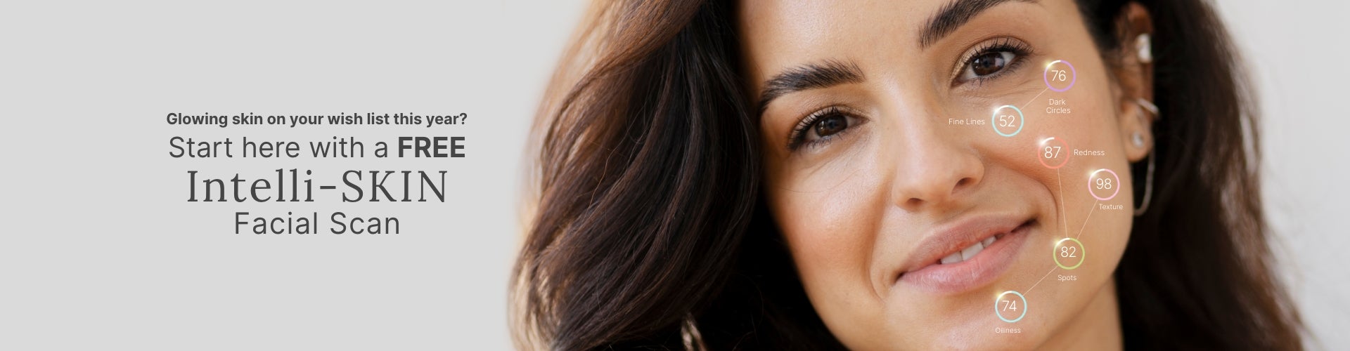 A smiling woman with facial mapping circles showing numerical skin analysis scores. Accompanying text reads “Intelli-SKIN Facial Scan. Award-winning technology developed with dermatologists. Diagnostic precision for real-time recommendations.” 