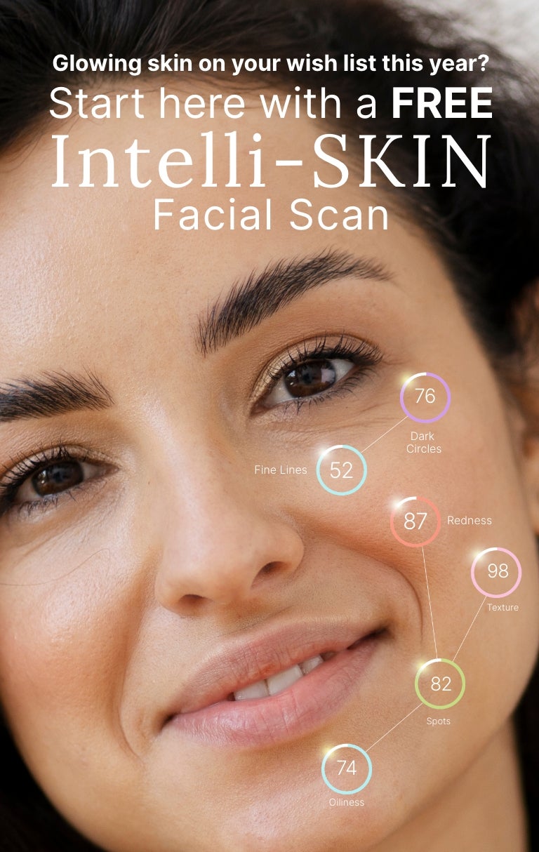 A smiling woman with facial mapping circles showing numerical skin analysis scores. Accompanying text reads “Intelli-SKIN Facial Scan. Award-winning technology developed with dermatologists. Diagnostic precision for real-time recommendations.” 