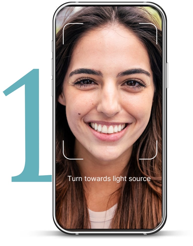 Step 1 has a smartphone screen displaying a woman’s smiling selfie with text overlay “Turn towards light source.”