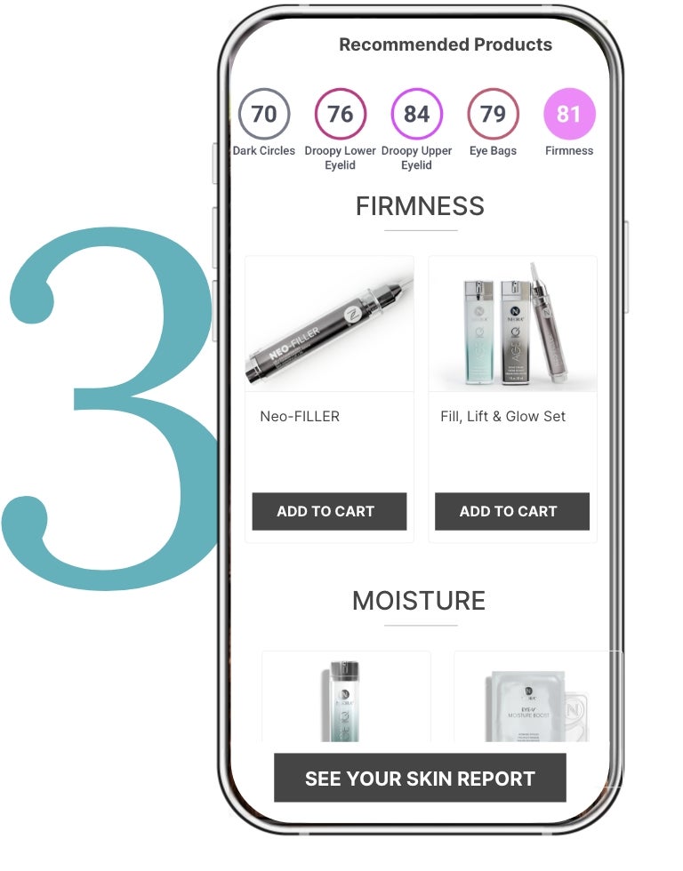 Step 3 has a smartphone screen displaying various recommended Neora skincare products underneath Intelli-Scan scores.