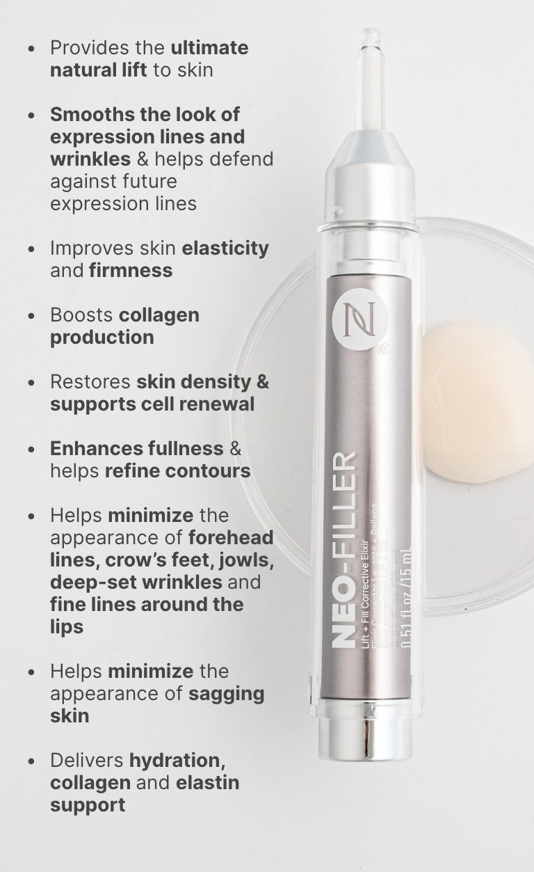 An infographic of the nine different benefits of using Neora’s Neo-Filler. Featured is a woman holding up Neo-Filler to her face.