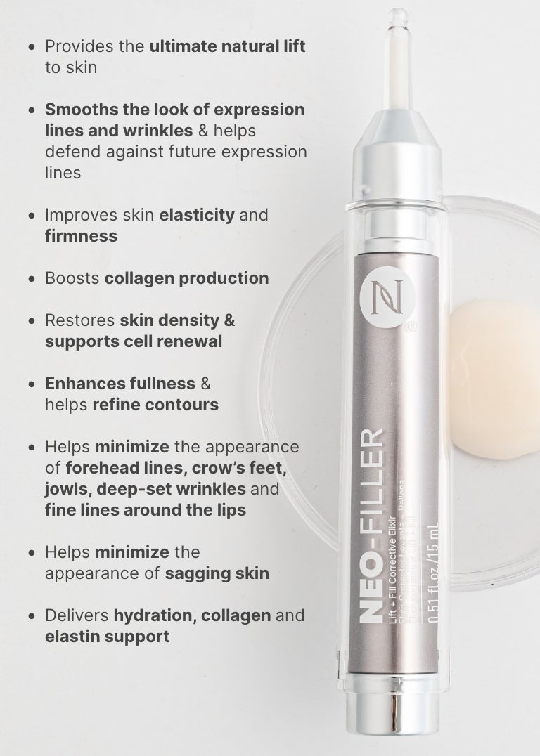 An infographic outlining the benefits of using Neo-FILLER. Featured is a Neo-FILLER tube resting on a petri dish.