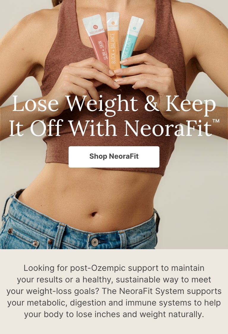 A woman in a red tank top holds up NeoraFit™ sachets to her chest.