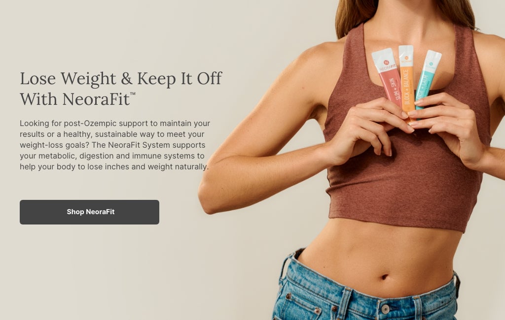 A woman in a red tank top holds up NeoraFit™ sachets to her chest.