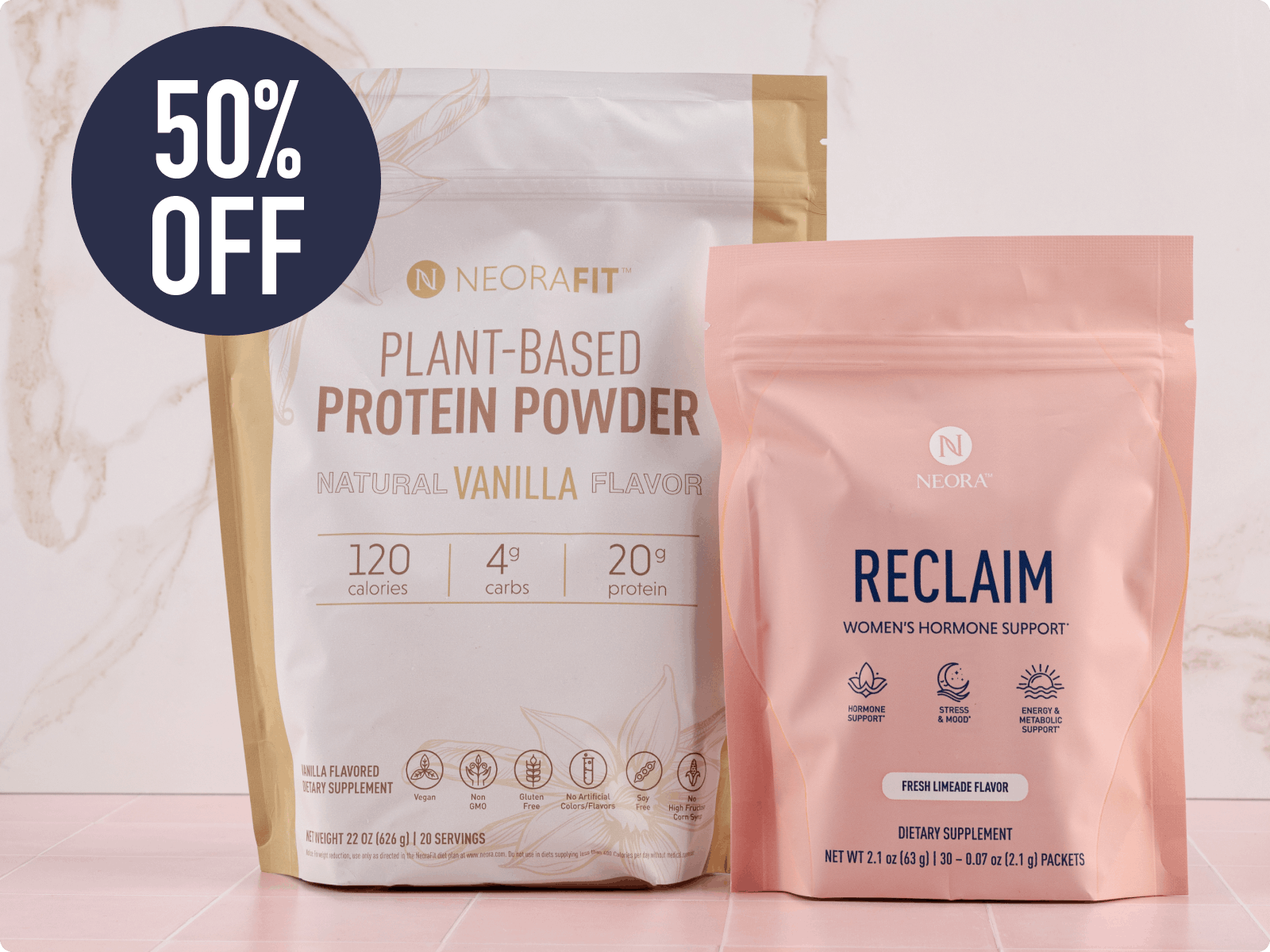 A pair of Neora’s RECLAIM™ and NeoraFit Plant-Based Protein Powder displayed on a marble counter. Featured is a 50% OFF bug on the protein powder bag.
