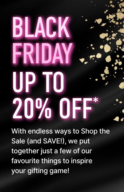 BLACK FRIDAY WOW—NOW! GIFT GUIDE Get a jump on your holiday list with endless ways to Shop the Sale (and SAVE!) on a black background with gold glitter.