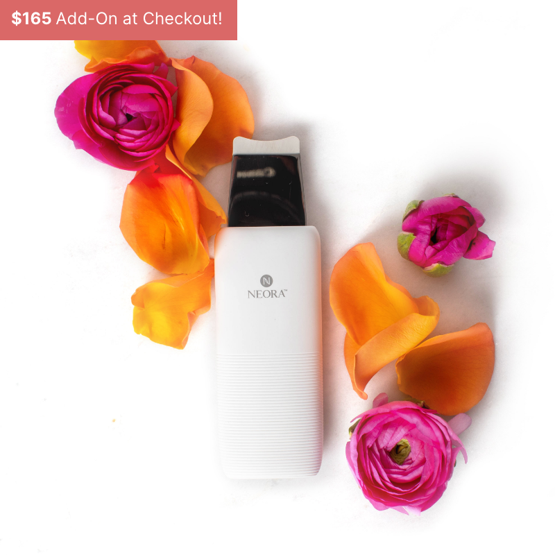 Neora’s NEW Ultrasonic Skin Renewal Facial Device amid a rose bouquet