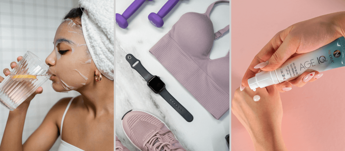 A woman drinking lemon water, sports accessories laid out, and a woman pumping Neora Invisi-Bloc onto her hand.