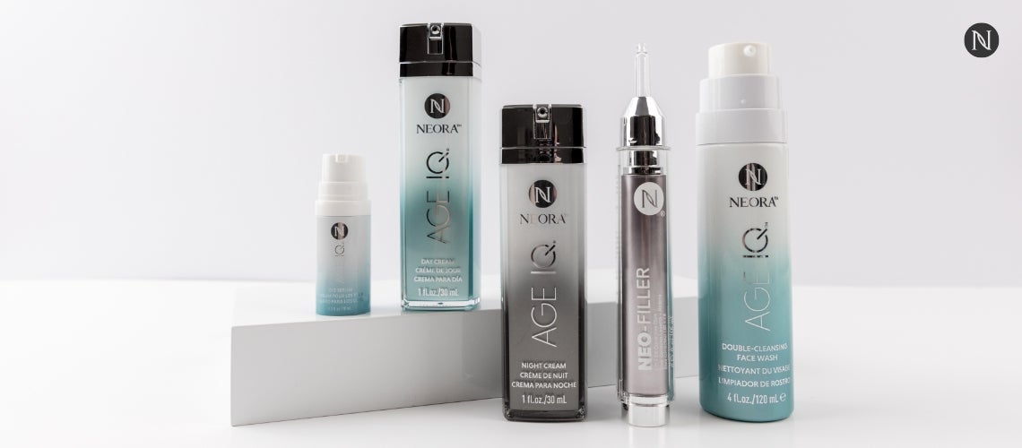 Neora's Advanced Skincare Set displayed on a platform.