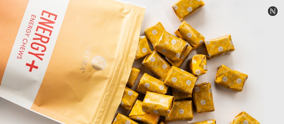 Neora Energy Chews falling out of its bag.