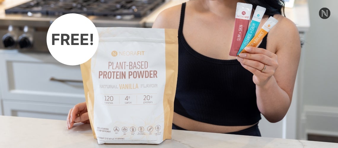 A woman holding NeoraFit sachets next to a bag of NeoraFit Protein Powder.