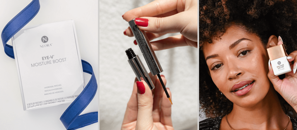 A collage of Hydrogel Eye-V Eye Patches box, an open container of LashLush, and a woman holding Bronze Drops to her face.