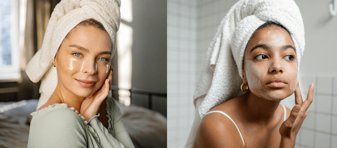 A split view of a woman with eye patches on and another woman applying moisturizer on her face.