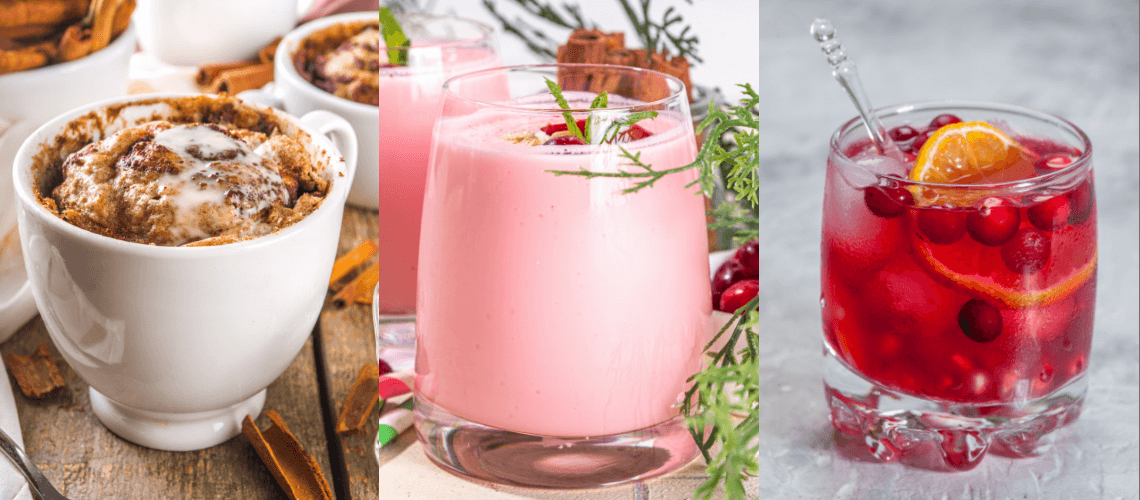 A collage of a cake mug, smoothie, and a cranberry orange drink.