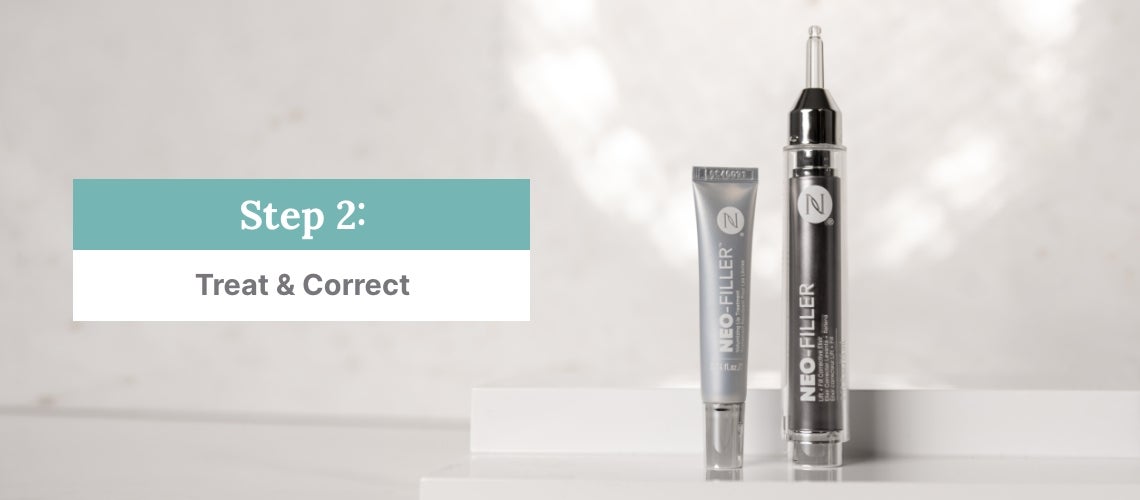 Step 2: Treat & Correct. Featured are two Neo-Filler tubes on a white surface, light background