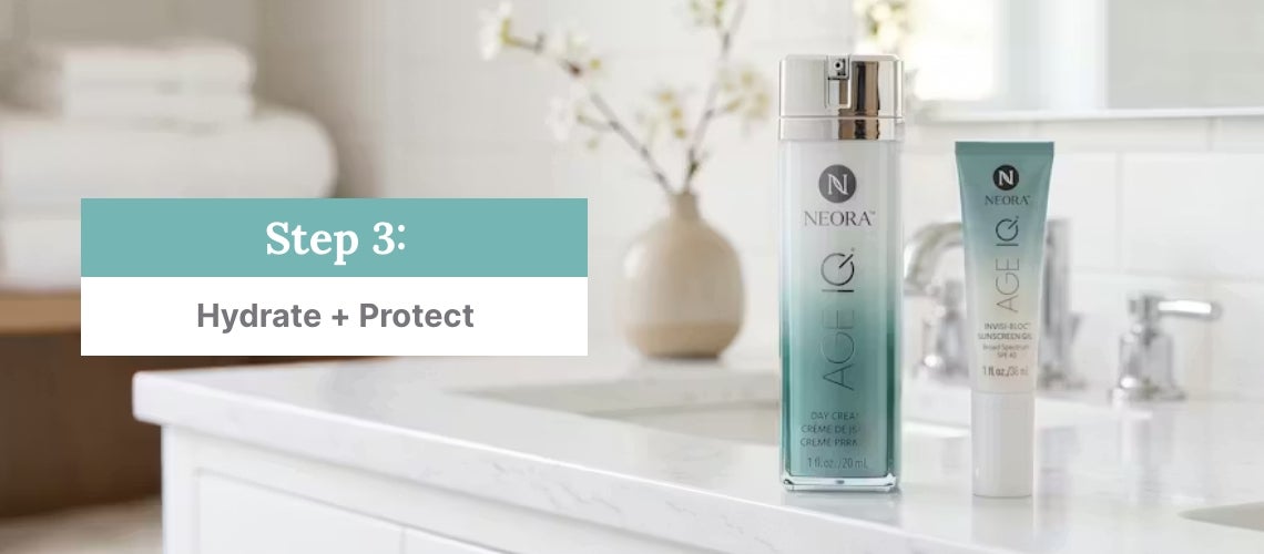 Step 3 banner reading 'Hydrate + Protect'. Featured is a bathroom counter with two Neora skincare products in the background (hydrating serum and sunscreen).