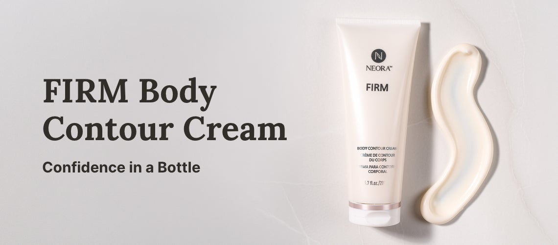 FIRM Body Contour Cream tube with a swirl of cream beside an ear-shaped smear and bold product text on the left (advertisement).