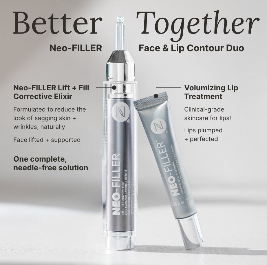 Advertisement image for Neo-FILLER showing Lift + Fill Elixir and Volumizing Lip Treatment with the tagline 'Better Together'.