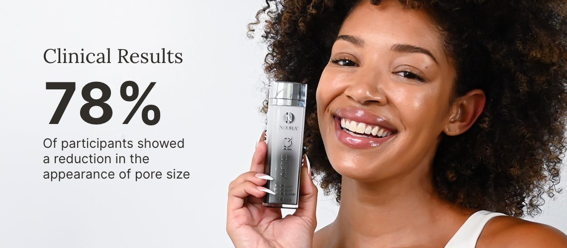 Smiling woman holds a silver skincare bottle beside the text: 'Clinical Results 78% of participants showed a reduction in the appearance of pore size'
