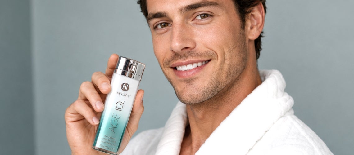 Smiling man in a white bathrobe holding a skincare bottle labeled AGE IQ by Neora close to camera.