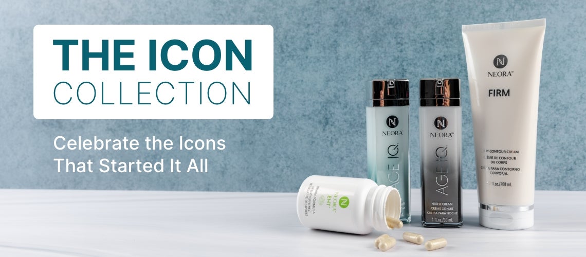 Promotional banner for The Icon Collection featuring Neora skincare bottles and capsules on a light surface with a blue textured background and headline text.