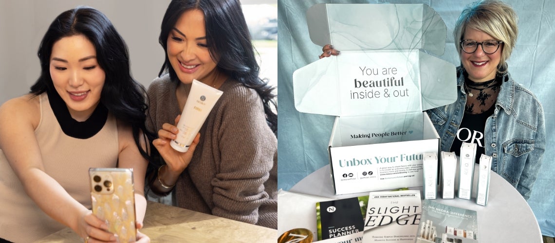 Two women take a selfie at a table, one holds a smartphone while the other shows a tube of skincare product. on-trend casual outfits and a bright, friendly vibe.