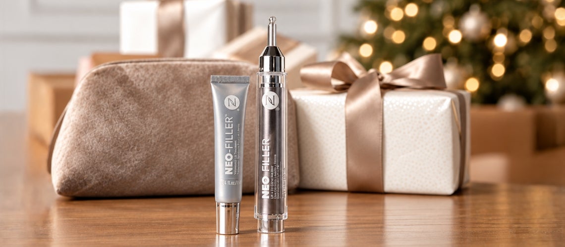 Neora's Neo-FILLER Duo products surrounded by festive decorations.