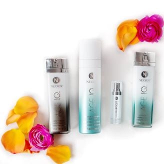 Four bottles appear in Age IQ® Cleanse, Correct, Protect Set set including: Neora Age IQ Night Cream, IllumaBoost Vitamin C Serum, Dual-action Cleanser and Age IQ Day Cream. 