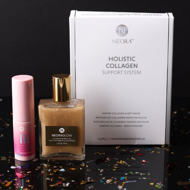 Save 15% with Ultimate Holiday Party Prep bundle which includes Collagen Sheet Masks, Lit Brightening Stick and NeoraGlow Illuminating Body Oil.