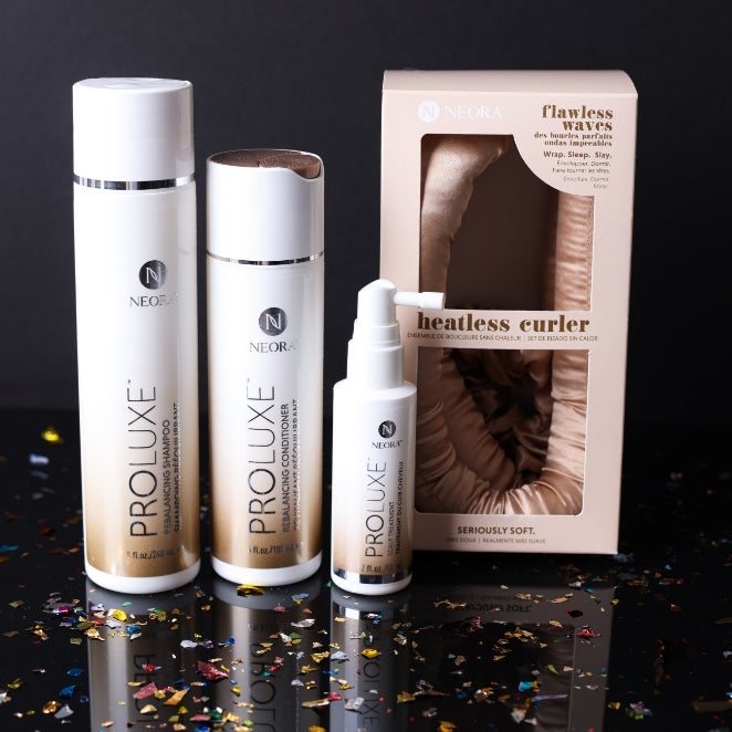 Save 15% with Wow-Worthy Hair Set which includes ProLuxe Rebalaning Shampoo, ProLuxe Rebalancing Conditioner, ProLuxe Scalp Treatment and FREE Heatless Curler Set.