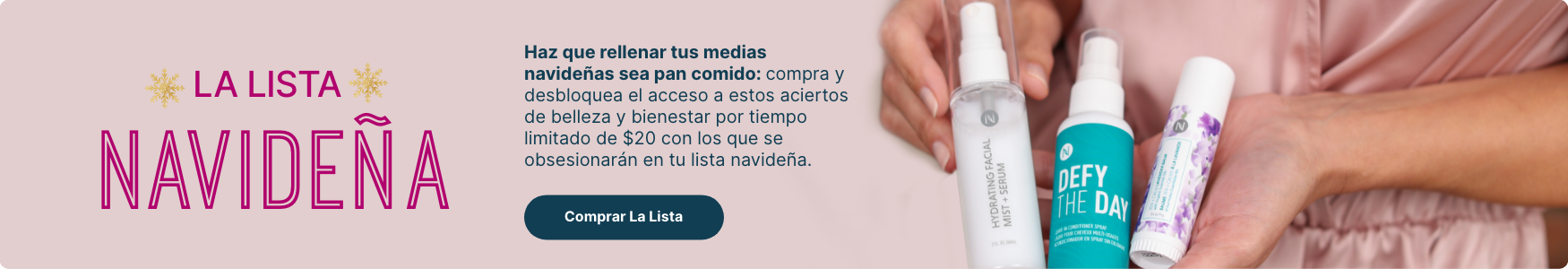 Mujer con artículos imprescindibles de la Hot List navideña de Neora: Suero labial para volumen, La bruma facial y Zen + Calm Balsamo de Lavanda.