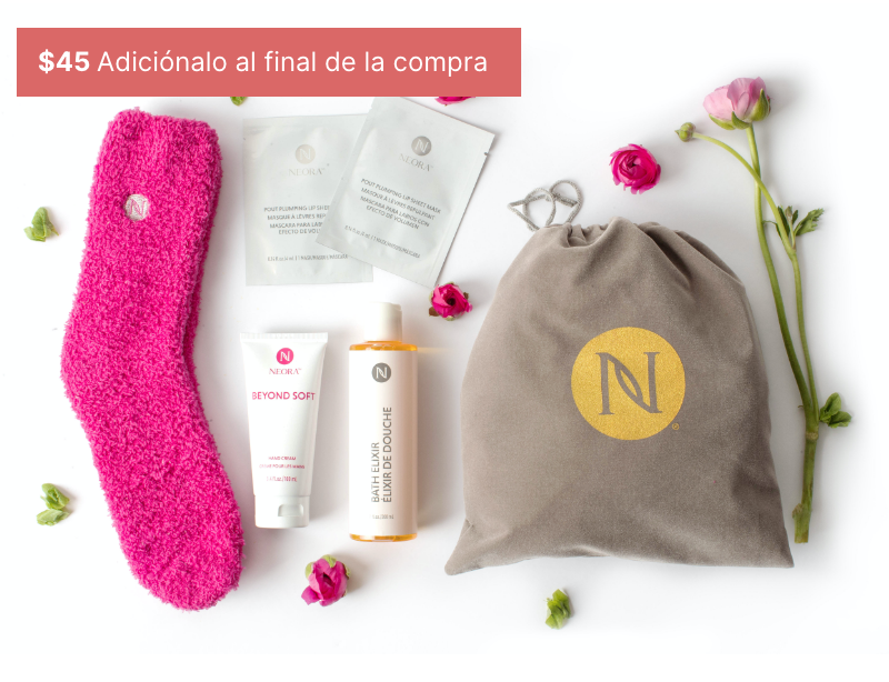 Set de lujo de cuidado personal para el Día de la Madre de Neora que incluye calcetines térmicos, mascarillas para labios, loción para manos, elixir de baño y una bolsa de regalo de terciopelo con cordón para presentarlo.